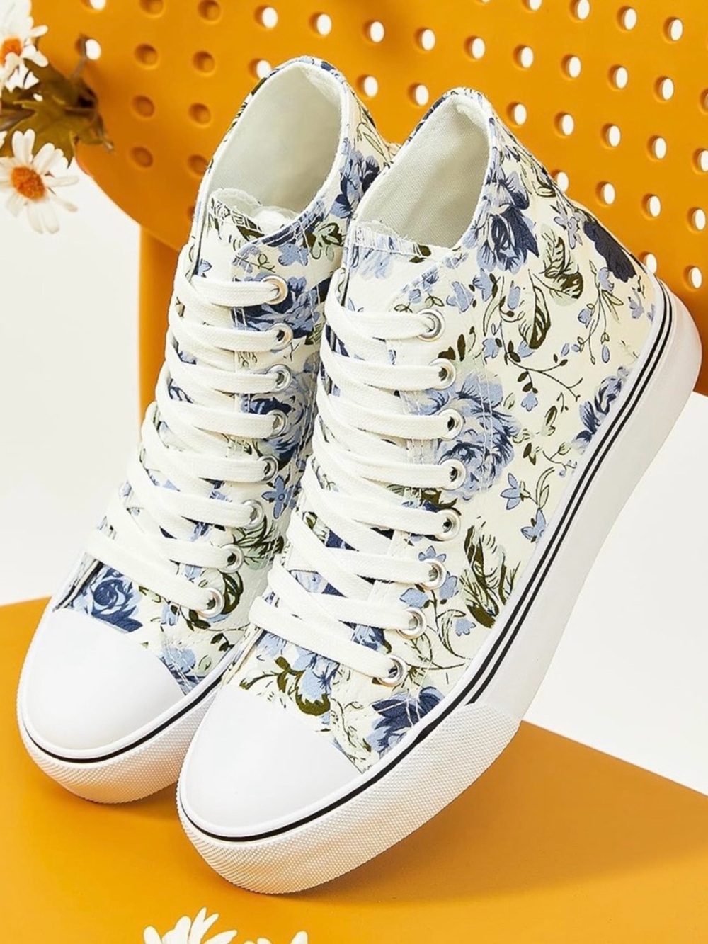 High-Top Floral Canvas Sneakers in White and Blue